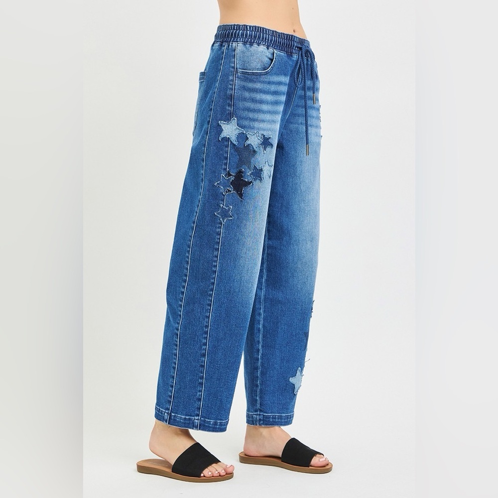 RISEN Elastic Band Slouchy Cropped Barrel with Star Patch Jeans​ - Picture 6 of 8
